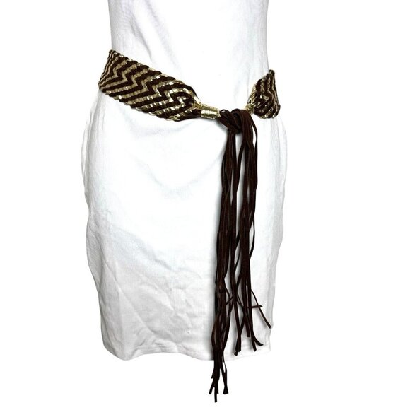 Vintage Y2K gold & brown wide statement belt suede fringe ties shut One size - Picture 2 of 3
